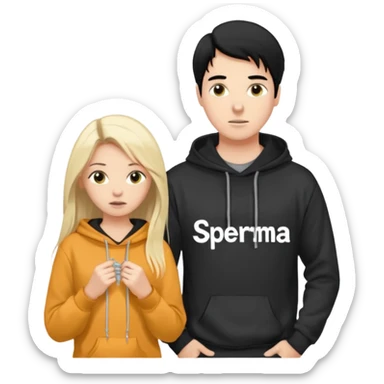 I want it to be this emote 🙍‍♂️
of a white guy with black hair and a black sweatshirt with the word "sperma" written in white in the middle. Behind him, there's a pretty blonde with long hair, pulling the string on the first person's hoodie. The girl is wearing a gray sweatshirt. sticker