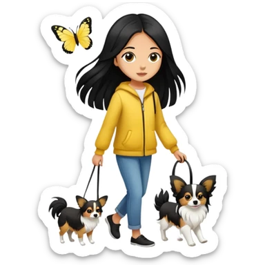 A girl with long black hair walks a yellow and white papillon sticker