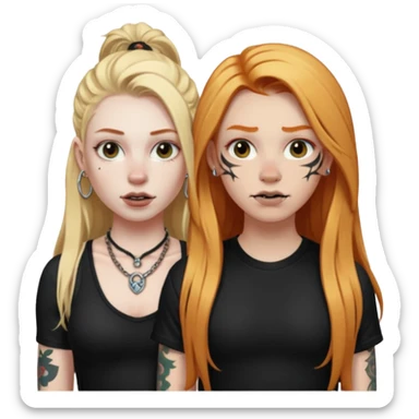 girl with long blonde hair, black tattoos and a septum piercing next to an athletic ginger girl and a septum piercing sticker