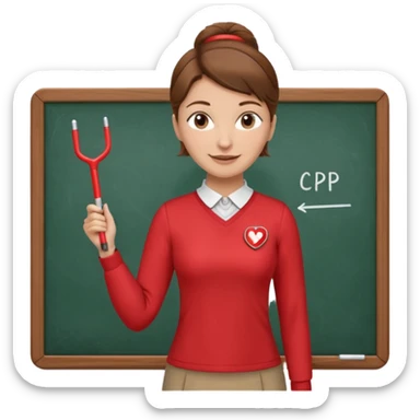 very Happy Teacher, female, brown hair up, wearing a red long sleeve top holding a pointer stick to a white board with a CPR logo. sticker