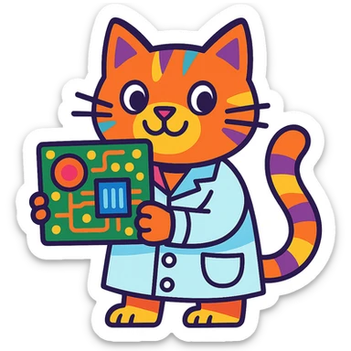 playful and colorful cat in a lab coat holding a circuit board sticker