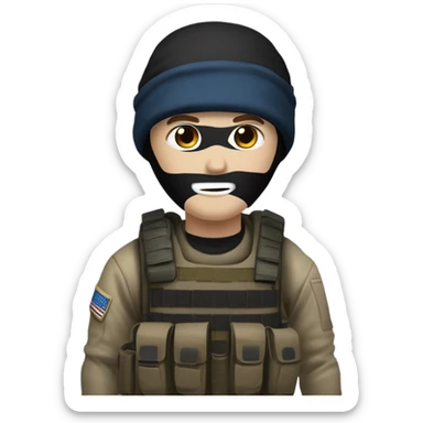 White male, call of duty black mask, camo tactical gear, tan combat boots, black beanie, blue eyes sticker