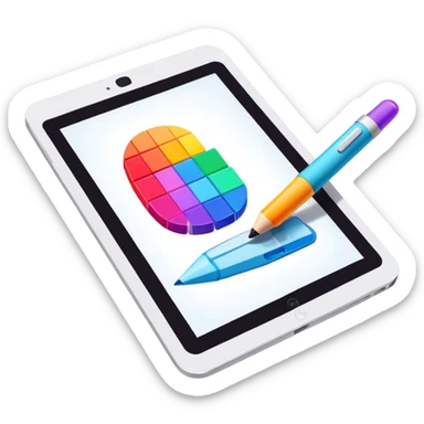 Computer graphics icon, digital design tools like a stylus, tablet, pixelated image, vibrant colors, minimalistic style, clean lines, transparent background. sticker