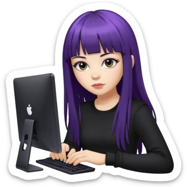 lilac girl with long hair and bangs worker and acessories with a pc worten the clothes black like an alternative sticker