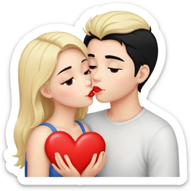 Couple of blonde girl and boy with black hair and fair skin is kissing with a lot of hearts around them sticker