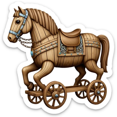 a huge trojan horse made from wood and on wheels sticker