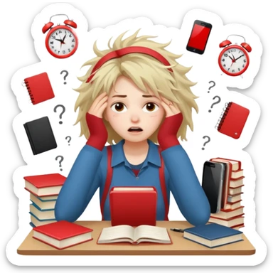A student girl is sitting in a panic and chaos. On the table, there are a bunch of books, notebooks, and a phone with a red alarm clock on the screen. sticker