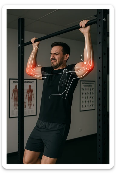 a man in gym clothes esegue una trazione alla sbarra con una tecnica visibilmente scorretta—gomiti troppo larghi o polsi piegati in modo innaturale. I gomiti sono evidenziati con un alone rosso acceso per indicare dolore o infiammazione. Un diagramma trasparente mostra le forze errate applicate sull’articolazione. La scena è ambientata in una palestra moderna, con poster educativi sullo sfondo. sticker