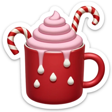 hot chocolete with pastel pink marshmallows in red christmas mug and candy cane sticker