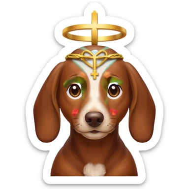 Brown dachshund with a cross above his head and a halo  sticker