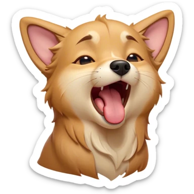 Cinematic Cute Yawning Domestic Dog Portrait Emoji, Head tilted slightly with a dramatic, wide-open yawn, showcasing a plush, inviting coat with gently drooping ears and half-closed, drowsy eyes, Simplified yet irresistibly adorable features, highly detailed, glowing with a soft, cozy glow, high shine, relaxed yet expressive, stylized with a dash of playful whimsy, soft glowing outline, capturing the essence of a sleepy yet affectionate dog that seems ready to stretch out for a nap! sticker