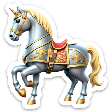 Clash of Clans aesthetic: Cinematic Playful Armored Horse Emoji, rendered in a 3D vector-style similar to standard emojis with minimal shading and bold, simplified shapes. A compact, isometric warhorse outfitted in intricately detailed armor with noble accents, softly glowing with a gallant medieval carriage charm. Simplified yet unmistakably iconic, highly detailed and consistent, glowing with a soft radiant shine and high polish. Stylized with a touch of heroic elegance and a soft glowing outline, capturing the essence of a noble steed ready for battle with a friendly, playful air! sticker