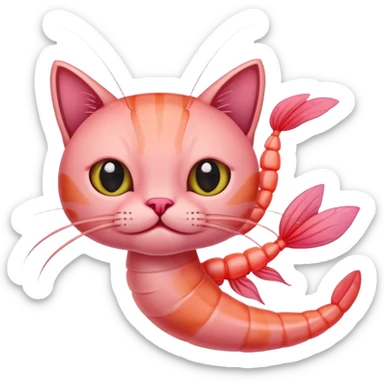 A pink shrimp with a cat's head, shrimp body and tail with cat face sticker