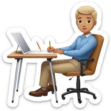 A man is lying on the table and drawing, leaning forward, but the chair is only halfway seated sticker