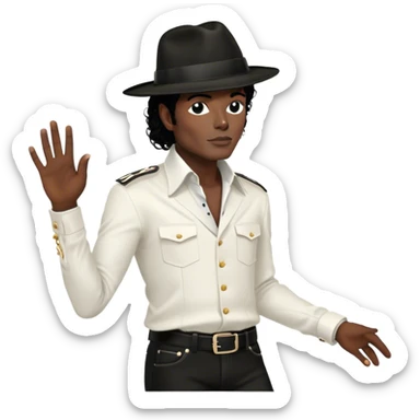 Icon for R&B Music: Michael Jackson in his iconic pose at the end of a song, head tilted, holding his black fedora with one hand. He stands in profile, embodying the smooth and soulful energy of R&B. Musical notes surround him. Transparent background. sticker