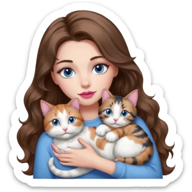 girl with long wavy brown hair, blue eyes, long lashes makeup, sexy pink lips, cuddling with 6 cats sticker