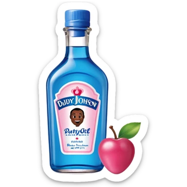bottle of oil blue top pink outside with logo that says Diddy Party oil Johnson and Johnson  brand with a smiling berry on top sticker