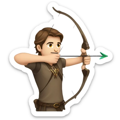 a male archer aiming with a bow, brown hair, bright skin, sticker