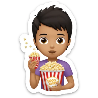 generate a pretty tan bratz boy with a brown tshirt on. eating a popcorn. messy black hair sticker