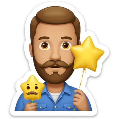 man with bead and mustache holding star yellow balloon sticker