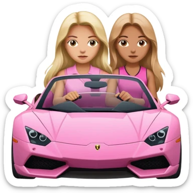 Make car far away so I can see full car Car facing forward in sports car. Make hair long  two girls in car far away Front of car sitting in the seats. Make it a pink sports car. They are two baddies make it a Lamborghini pink car  sticker