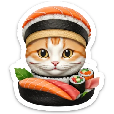 cat wearing a sushi roll as a hat, realistic sushi textures sticker