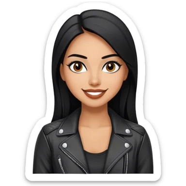 beautiful fit woman, with long straight black hair, with make up, black eye liner, smile mooth close, mexican, brown skin, wearing casual outfit and leather black jacket, flirting sticker