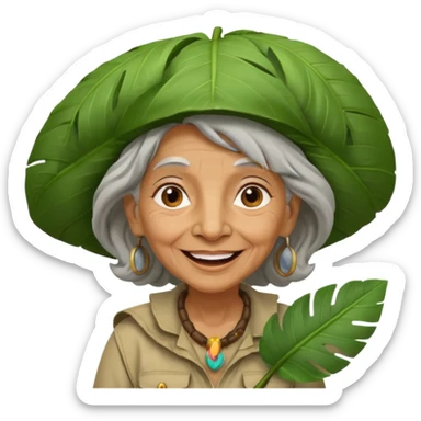 a old woman explorer with jungle wearing a large leaf headgear bye  sticker