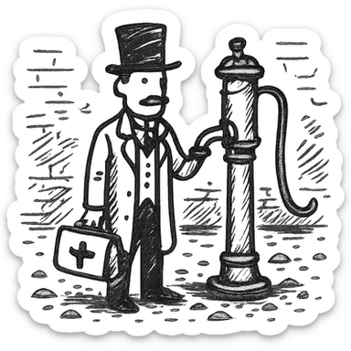 A victorian doctor with a street water pump in a dirty street sticker