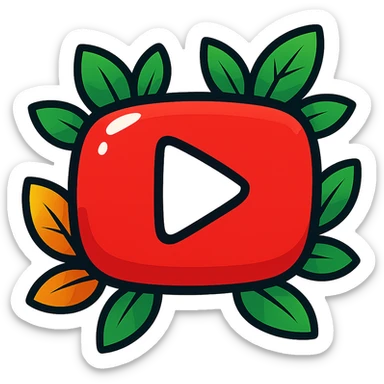Plump, rounded YouTube logo in vibrant toon style, with clear bold black outlines, sharp graphic solid shadows, and glossy highlights. No smooth gradients—shadows and highlights should be solid and distinct, not soft or 3D. Emphasize a drawn, illustrated look with solid bright colors, no background, and bright vivid leaves around the logo. Shapes are extra round and soft, flat and cartoonish, not realistic or balloon-like. sticker