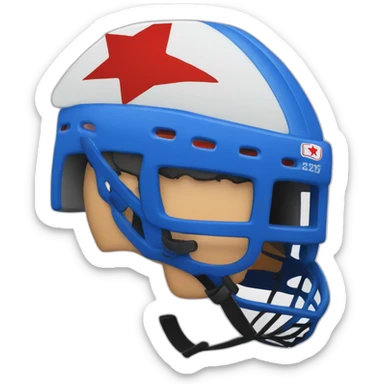 hockey player's head wearing blue helmet with red star sticker