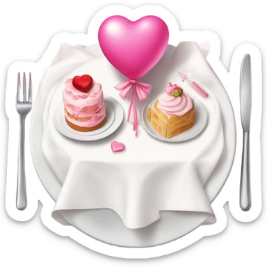 pink romantic party setting for two people and heart balloon  table with white cloth and candle with bows on the table and white Korean cake sticker