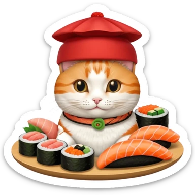 cat with a sushi-themed hat, elaborate sushi arrangement sticker
