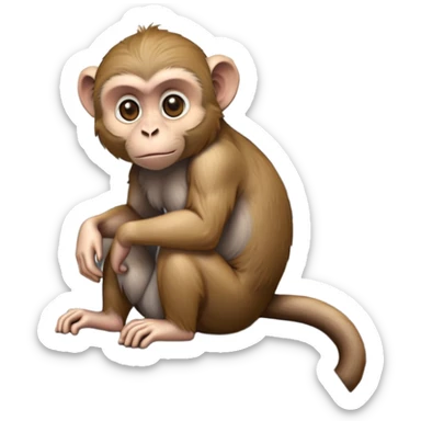 cinematic-elegant macaque-realistic-full-body-sitting-emoji,-compact-muscular-frame-poised-on-a-rocky-outcrop,-short-curled-tail-resting-behind,-head-tilted-dramatically,-thick-dense-fur-in-warm-shades-of-brown-and-grey,-expressive-eyes-filled-with sticker