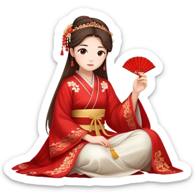 Beautiful girl wearing red Hanfu wedding dress sitting sticker