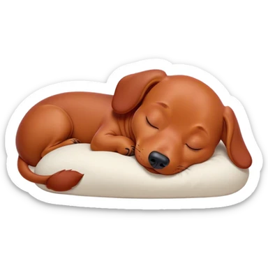 Cinematic Meme-Worthy Chubby Sleeping Red Dachshund Portrait Emoji, Head resting peacefully with a contented smile, showcasing a delightfully chubby, elongated build and a luxuriously soft red coat, eyes shut in a serene nap, Simplified yet hilariously adorable features, highly detailed, glowing with a soft, drowsy light, high shine, relaxed and utterly lovable, stylized with an air of playful laziness, bright and heartwarming, soft glowing outline, capturing the essence of a comically sleepy companion, so meme-worthy it feels like it could instantly become the next viral sensation of adorable slumber! sticker