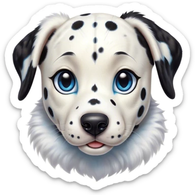 Cinematic Cute Harlequin Dalmatian Portrait Emoji, Head tilted playfully and inquisitively, featuring a glossy Fur of predominantly white with dynamic black patches, round, sparkling blue eyes filled with gentle curiosity, Simplified yet irresistibly adorable features, highly detailed, glowing with a warm, friendly glow, high shine, affectionate and gentle, stylized with a touch of whimsy, bright and endearing, soft glowing outline, capturing the essence of a mischievous yet loving pup, so playful it feels like it could lumber out of the screen and into your arms! sticker