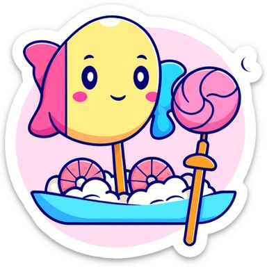 A cute arrangement of fish cake with pink swirl, rice cracker, and tri-colored dango skewer as a Japanese snack trio sticker