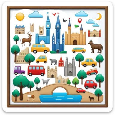 Icon for Magnet Collecting: a magnetic board on a wall displaying a collection of various magnets from different places, featuring cities, animals, and symbols. The icon should evoke the joy and uniqueness of a diverse magnet collection. Transparent background. sticker