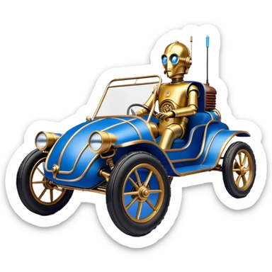  tarnished blue neon underglow C-3PO ghost buster 1964 delicately ornate rosegold wood accents painted Model-T dune buggy buckboard powered by electric motors and batteries with racing safety belts while flying rapidly roughening terrain stable on strong agile advanced suspension and steering sticker
