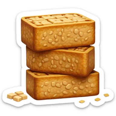 Tempeh Cinematic Realistic Tempeh Dish Emoji, depicted as crispy, sliced portions of fermented soy cake with a golden-brown finish, rendered with detailed textures and warm, inviting lighting. sticker