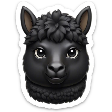 Cinematic Noble Black Alpaca Portrait Emoji, Poised and regal, with a striking, sturdy build and a sleek, well-groomed jet-black fleece, deep-set soulful dark eyes, Simplified yet sharp and sophisticated features, highly detailed, glowing with a soft, dignified glow, high shine, intelligent and mysterious, stylized with an air of elegant austerity, focused and attentive, soft glowing outline, capturing the essence of a watchful and confident companion, so majestic it feels as though it could stride out of the screen with effortless authority! sticker