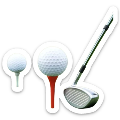 A golf ball on a tee with a golf club placed beside it, set against the backdrop of a well-manicured green golf course. The scene emphasizes the equipment and serene atmosphere of the sport, with soft lighting and a peaceful, open landscape sticker