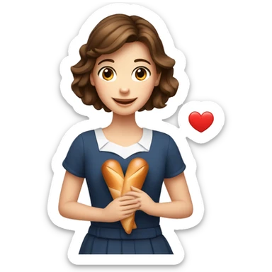 a french girl with brown hair and brown eyes holding a baguette, happy, doing a heart with her fingers on other hand sticker