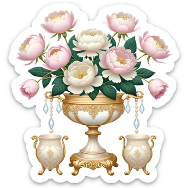 A romantic baroque-style vanity display featuring an intricate golden candelabrum, an embroidered ivory lace fan, and a crystal vase filled with white peonies and pastel pink roses, with pearl butterflies adding a whimsical touch.
 sticker