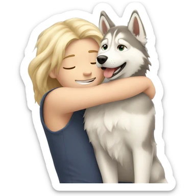blond kid with long hair is hugging husky  sticker
