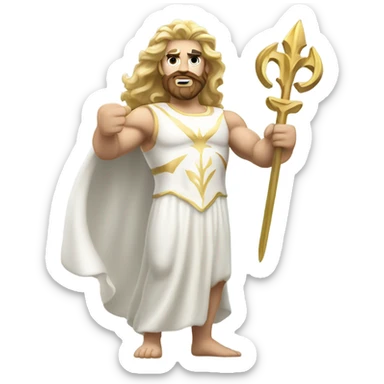 white Poseidon with gold Trident. long hair white dress. show biceps sticker