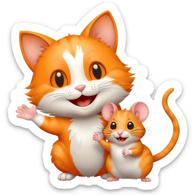 Joyful cat being greeted by a mouse friend with a wave sticker
