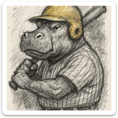 hippo holding a baseball bat, wearing a yellow helmet, pinstripes outfit sticker