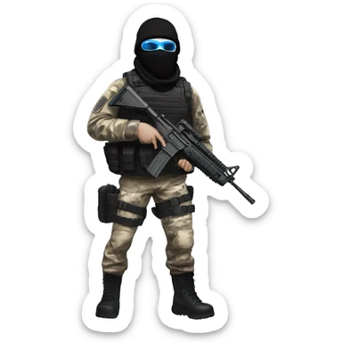 male, pale skin, call of duty black face mask, camo tactical gear, combat boots, black beanie, blue eyes sticker